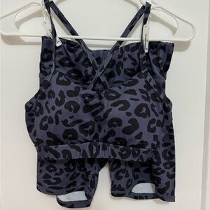 Blue and black leopard sports bra and biker short set